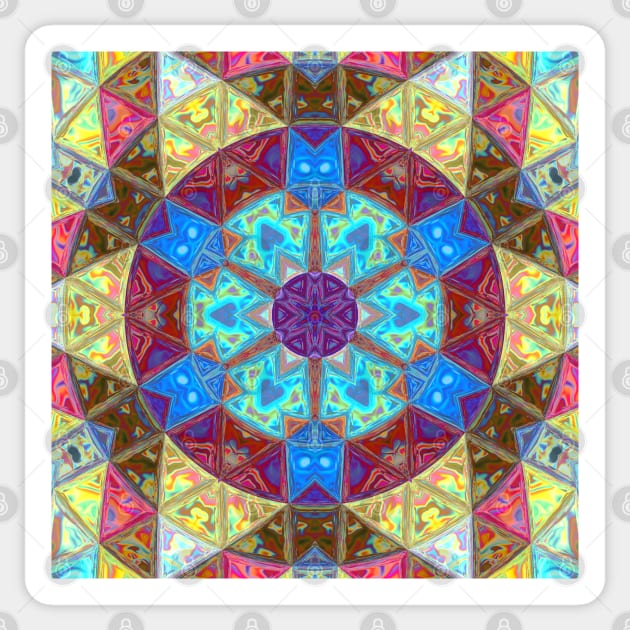 Mosaic Mandala Blue Pink and Yellow Sticker by WormholeOrbital